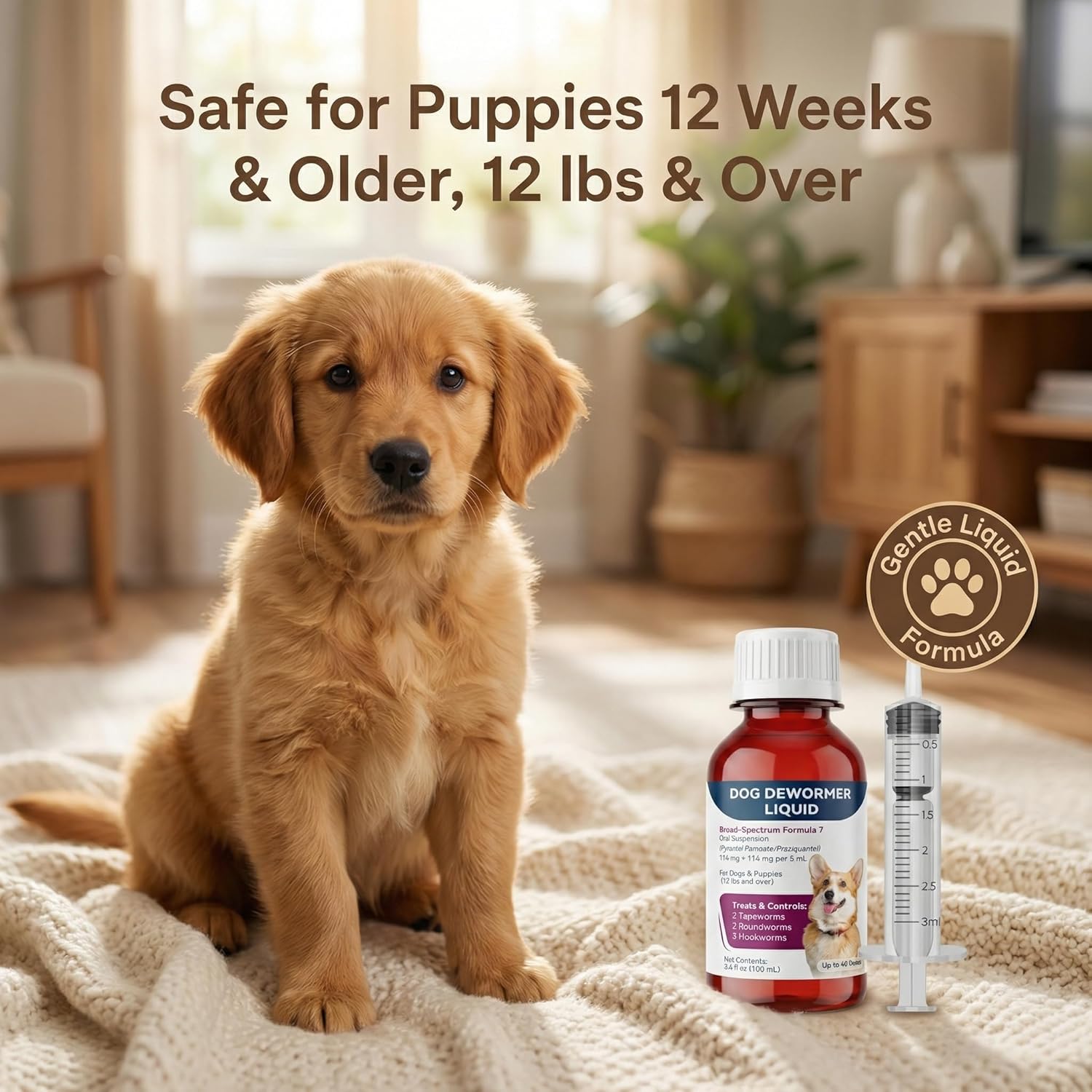 Liquid Dog Dewormer for Dogs & Puppies, Formula 7 Pyrantel Pamoate and Praziquantel, Removes Tapeworm, Roundworm & Hookworm, Broad Spectrum with 3ml Dosing Syringe (100ml)