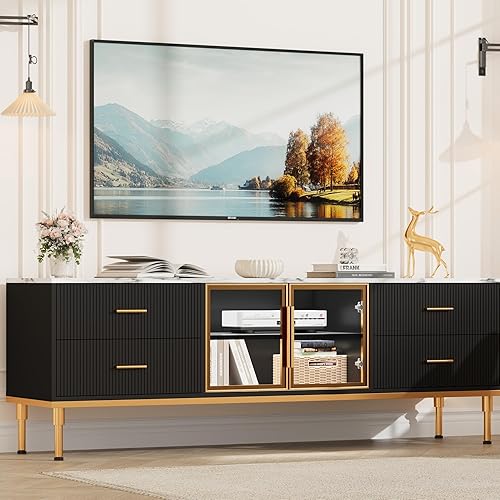 Miniatura 2 de GAOMON Soporte de TV de 65 pulgadas con luces LED, centro de entretenimiento moderno con almacenamiento, consola multimedia acanalada con cajones y