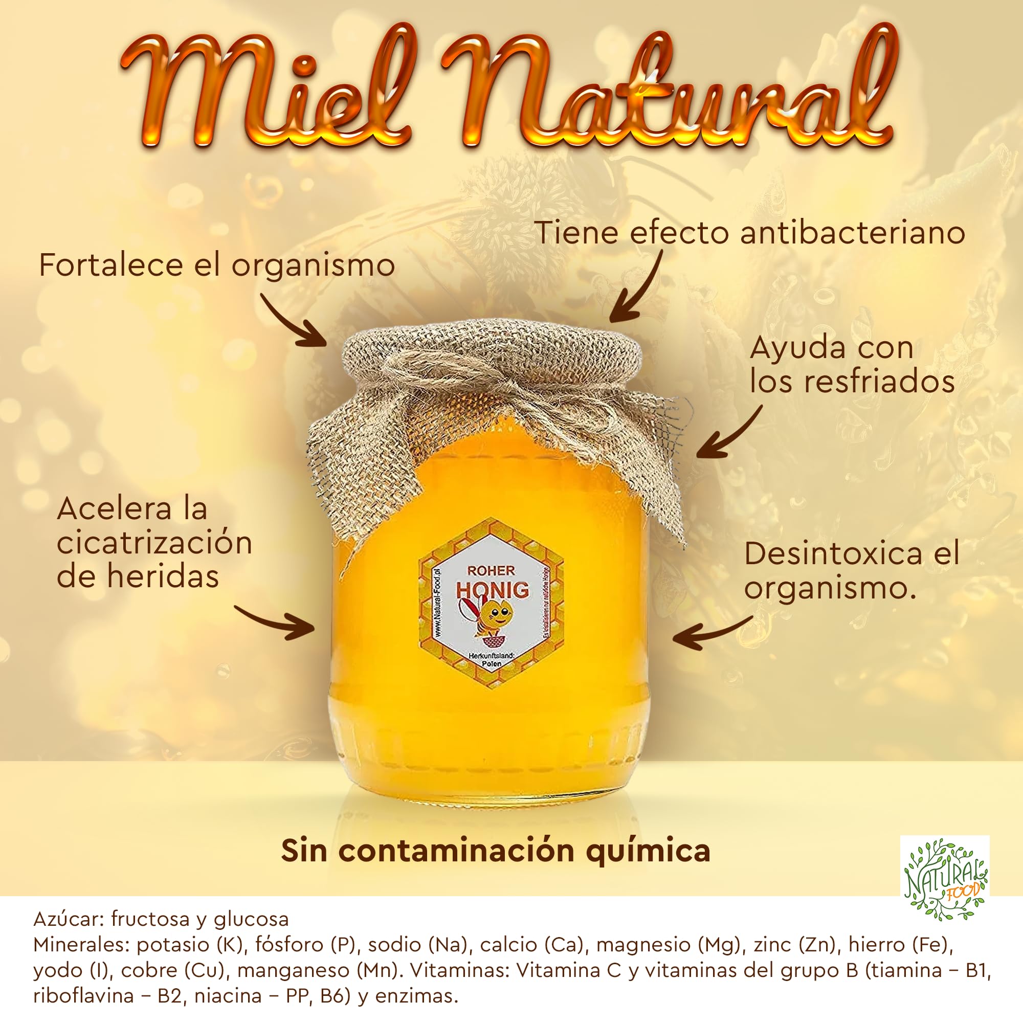 Natural Food - Miel cruda de diente de león, 100% natural y sin aditivos - Sin filtrar ni calentar - Recolectada directamente del apicultor - 11 KG - miel cruda 100% natural,