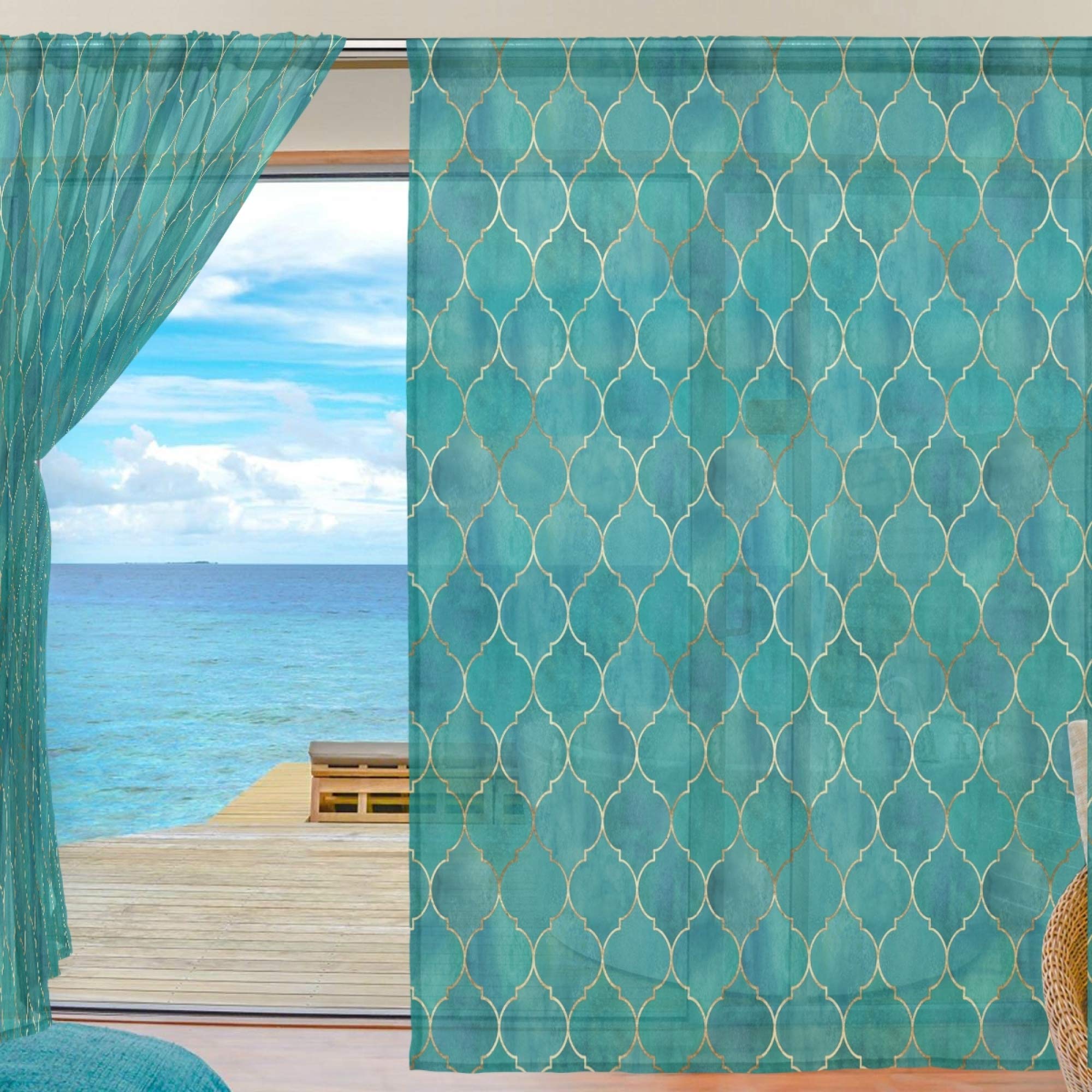 Alaza Voilage Transparent pour fenêtre Motif Feuilles de Palmier Tissu Polyester pour décoration de Chambre à Coucher, Porte de Cuisine, Salon, 2 Panneaux 213,4 x 139,7 cm, Polyester, Plaid