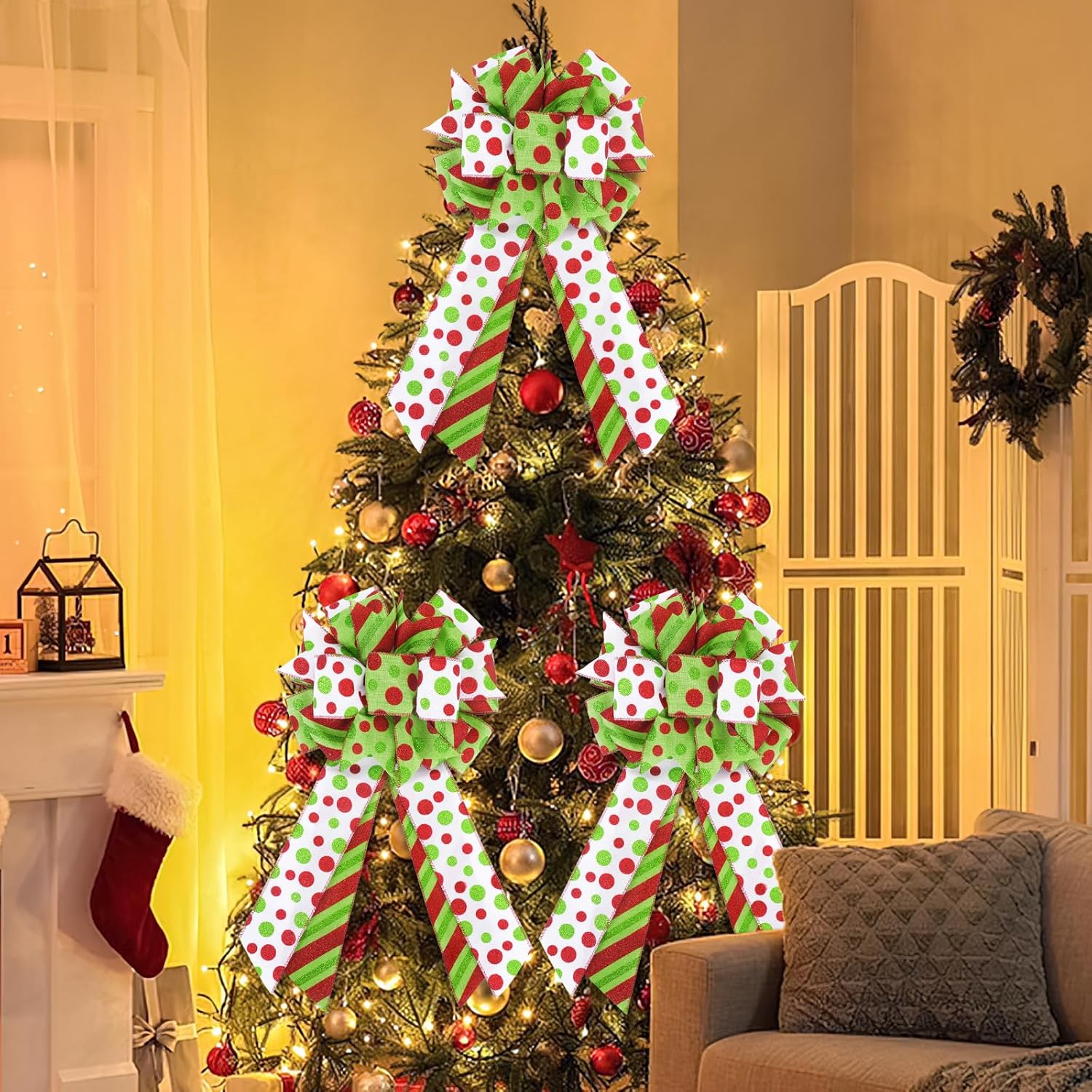 2 Pack Red Green Christmas Bows for Wreaths, Pre-Assembled 10 x 18 Inch Large Christmas Tree Topper Bow Ribbon Xmas Decorations Glitter Polka Dots Ornaments for Trees Garlands Indoor Outdoor Decors - Image 6