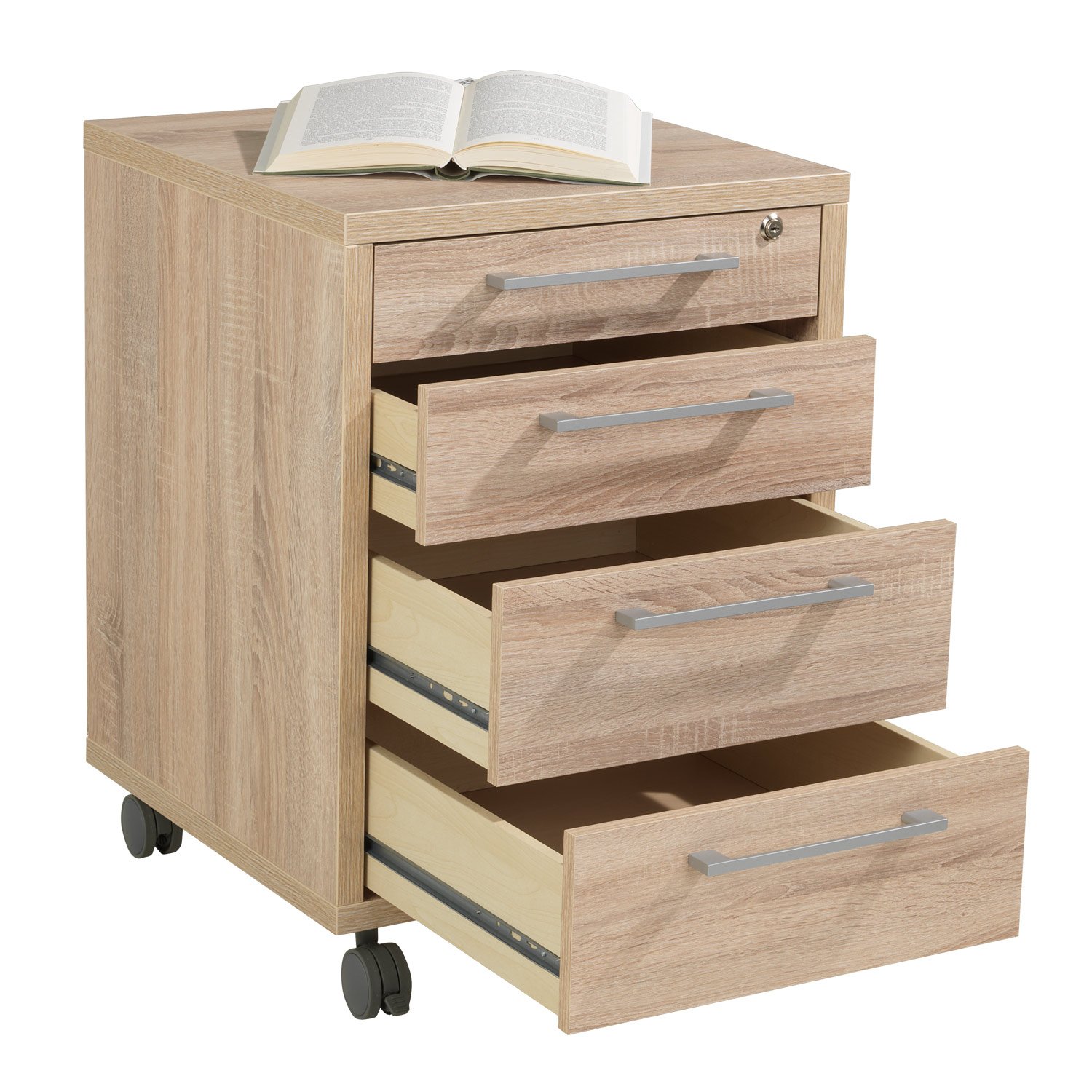 Container Rollcontainer Schubladenschrank | Braun | Eiche | 4 Schubladen | Abschließbar