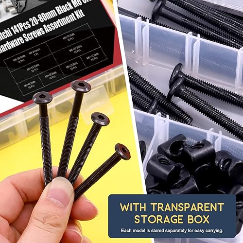 Miniatura 6 de Hilitchi M6 140 piezas de tornillos de cabeza hexagonal negra, tornillos, tuercas de barril, kit surtido de accesorios para cuna, cama de bebé,
