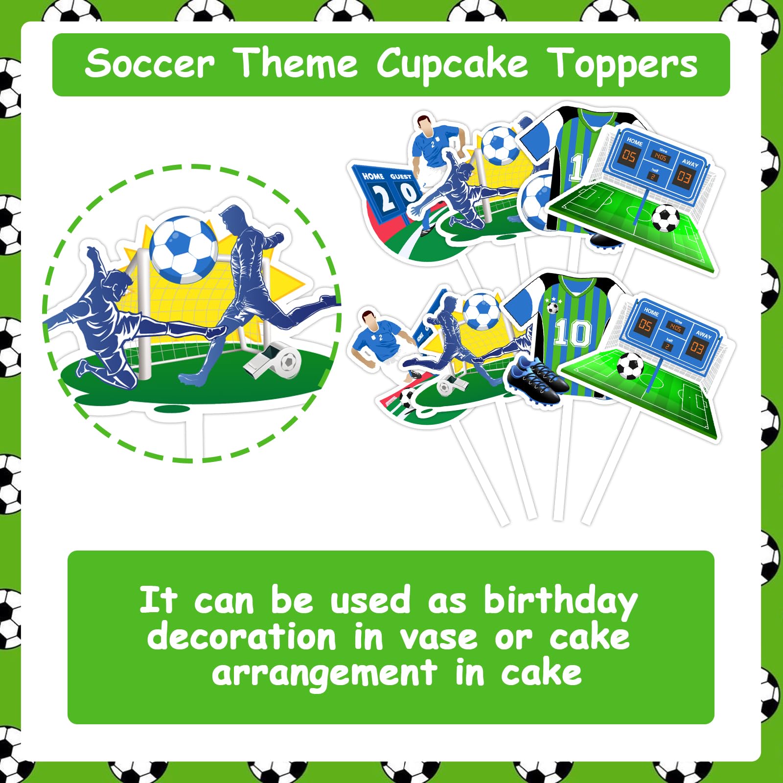24-Piece Soccer Ball Cake Toppers - Blue & Green Sports Cupcake Decorations For Birthday Parties
