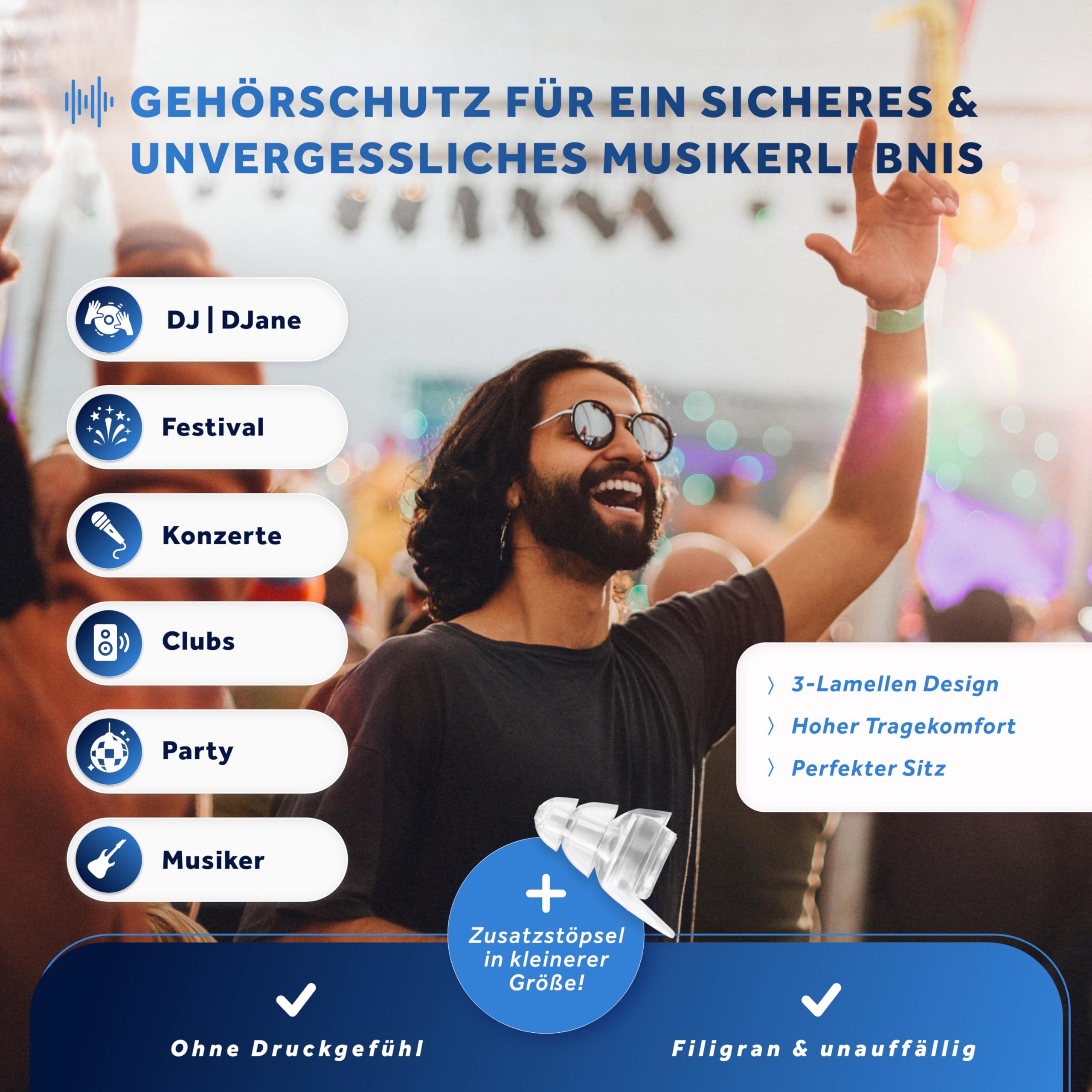 SCHALLWERK ® Music+ | Unauffällige Gehörschutz Ohrstöpsel – dämpfen Lärm & erhalten Tonqualität – Ohrenstöpsel transparent - Earplugs geeignet für Musik, Festival, Arbeit & Lernen