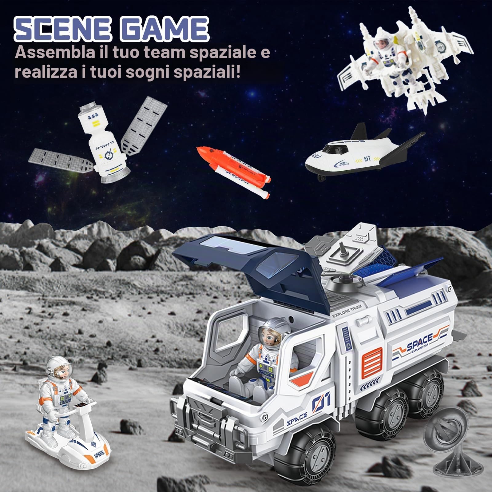 deAO Razzo e Navetta Spaziale per Bambini 3+, Giocattolo Educativo STEM con Astronauti, Rover, Stazione Spaziale e Tappetino Sistema Solare