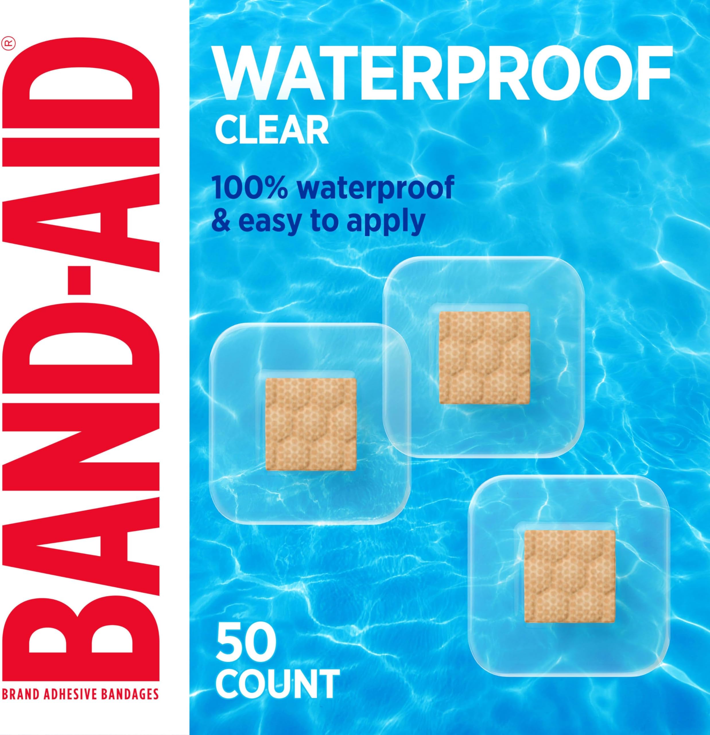 Brand Waterproof Clear Spot Adhesive Square Bandages, Individually Wrapped Small Spot Bandages for Wound Care for Minor Cuts & Scrapes, Waterproof, One Size, 50 ct