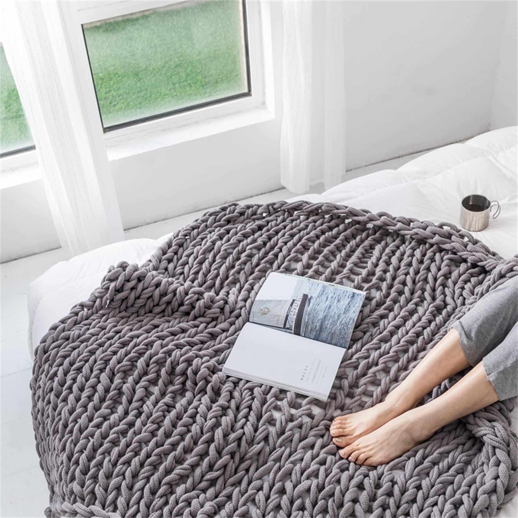 Coperta da tiro in Maglia a Braccio Grosso Cavo in Filato di Lana Merino Morbida Coperta Calda Fatta a Mano per Divano Letto Divano Letto ingombrante,Grigio,120x150cm/47x59in
