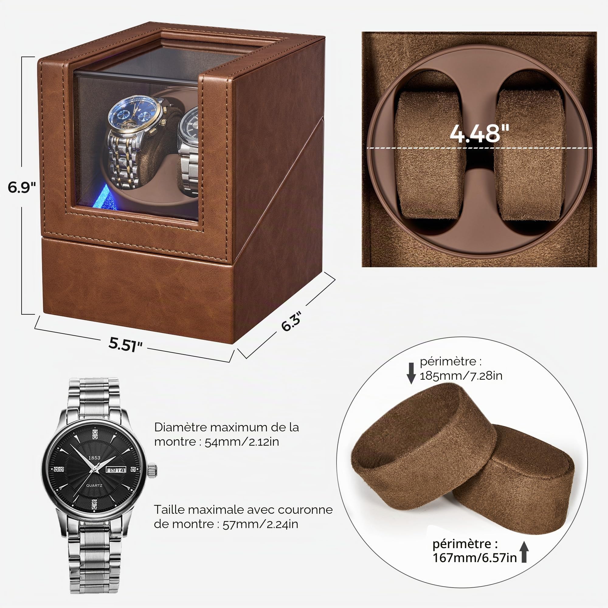 BEWISHOME Remontoir Montre Automatique, Double Remontoir avec éclairage LED 4 Modes, boîte Montre Automatique avec Moteur Japonais Silencieux, Adaptateur de Type C ou Alimentation par Piles, ESYQ02Z