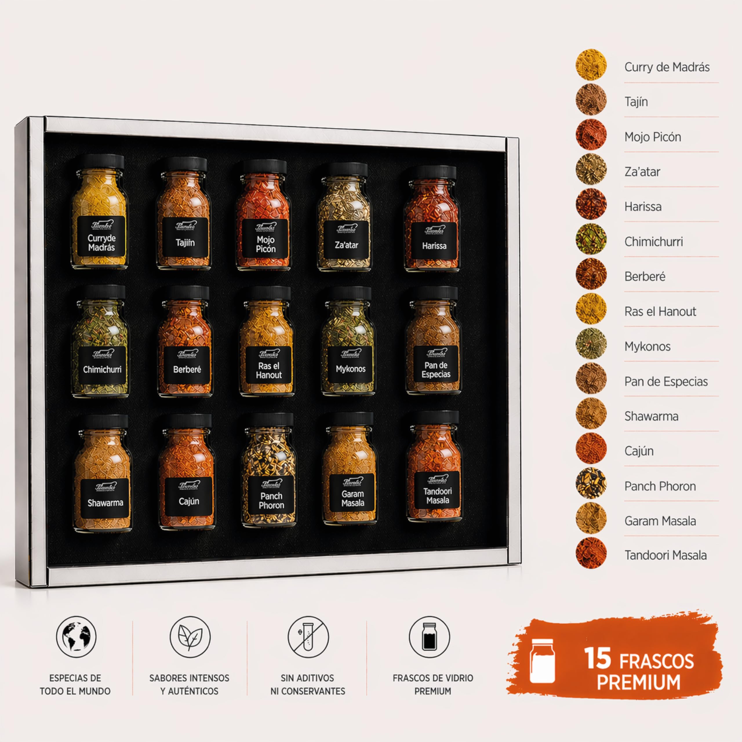 Bembo Set Regalo con 15 Mezclas de Especias – Colección Degustación | 15 mezclas de especias para observar, oler, probar y comparar. Un viaje sensorial por los sabores del mundo.