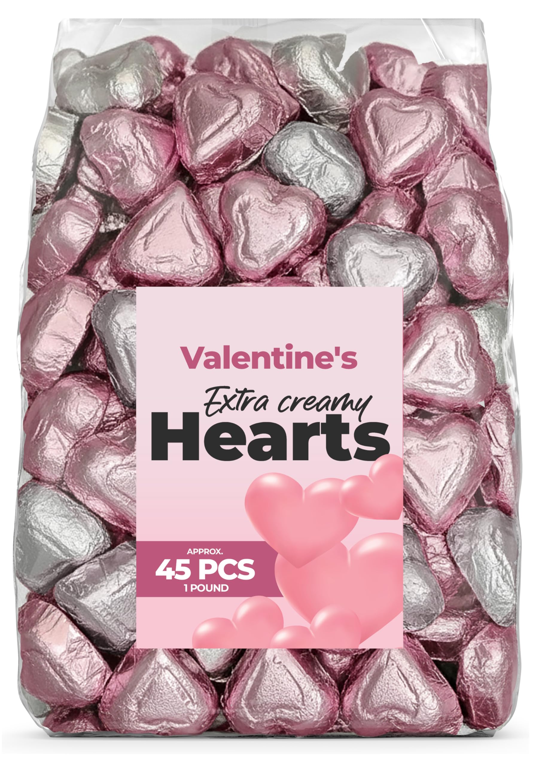 Valentine’s Day Chocolate Hearts, 1 LB Bag, Approx. 45 Pieces, Silver and Pink Wrapped Milk Chocolates, Romantic Candy for Gifts, Party Favors, and Decorations