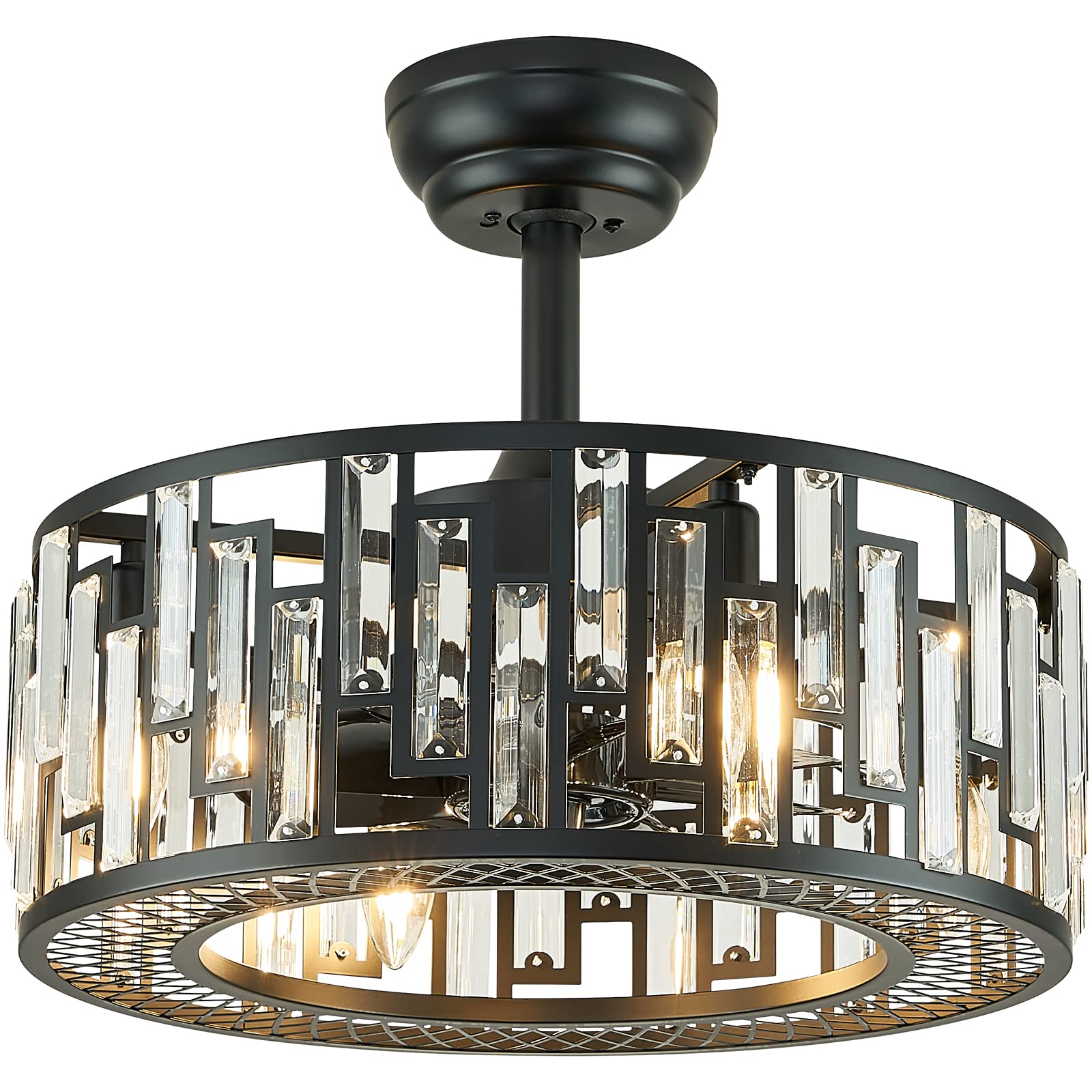 FookChak Crystal Caged Ceiling Fan Light Black Industrial Ceiling Fan with Light Remote Control, Bladeless Fandelier for Bedroom, Living Room, Dinning room, Kitchen