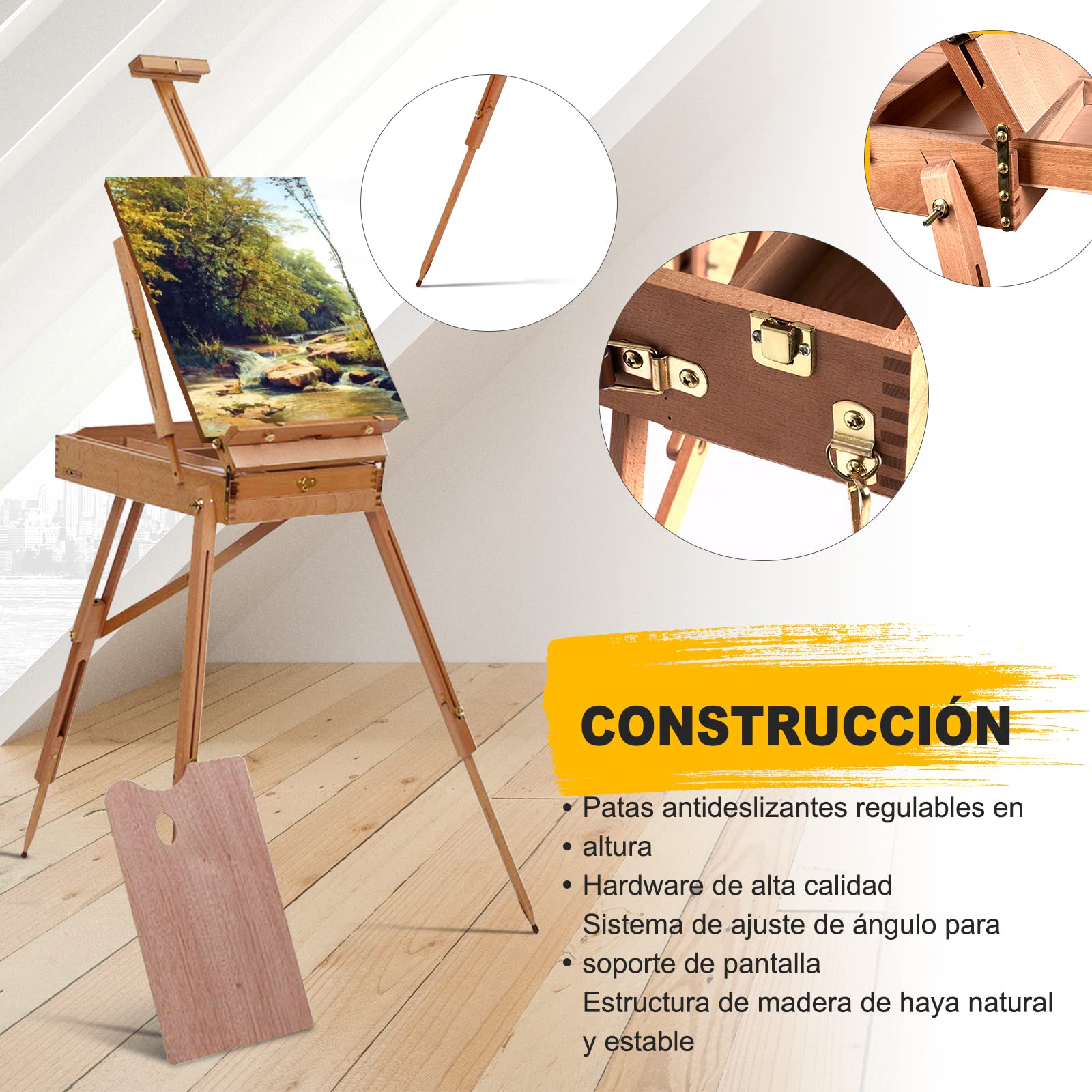 COSTWAY Caballete Madera con Estante Cajón, Caballete de Artista Plegable y Portátil, Madera de Haya, Caballete de Suelo para Lienzos Ajustable de Alto a 86 cm, 71 x 114 x 180 cm