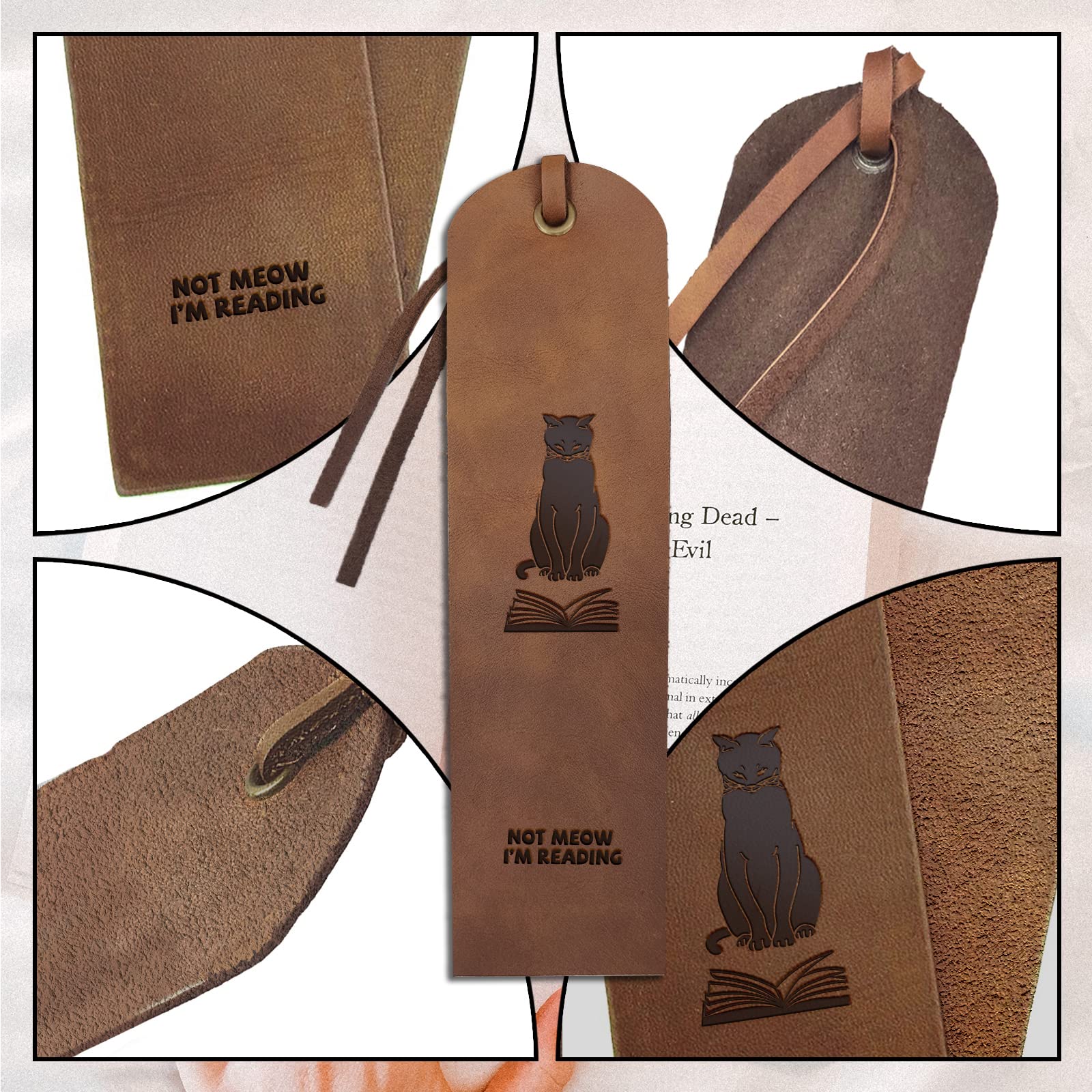 MAYJOYDIY 4pcs Cat Leather Bookmarks Genuine Leather Page Markers 5×18cm NOT Meow I'm Reading Text Cowhide Classic Tassel Design for Men Women Bookworms Writers Relatives and Friends - Image 4