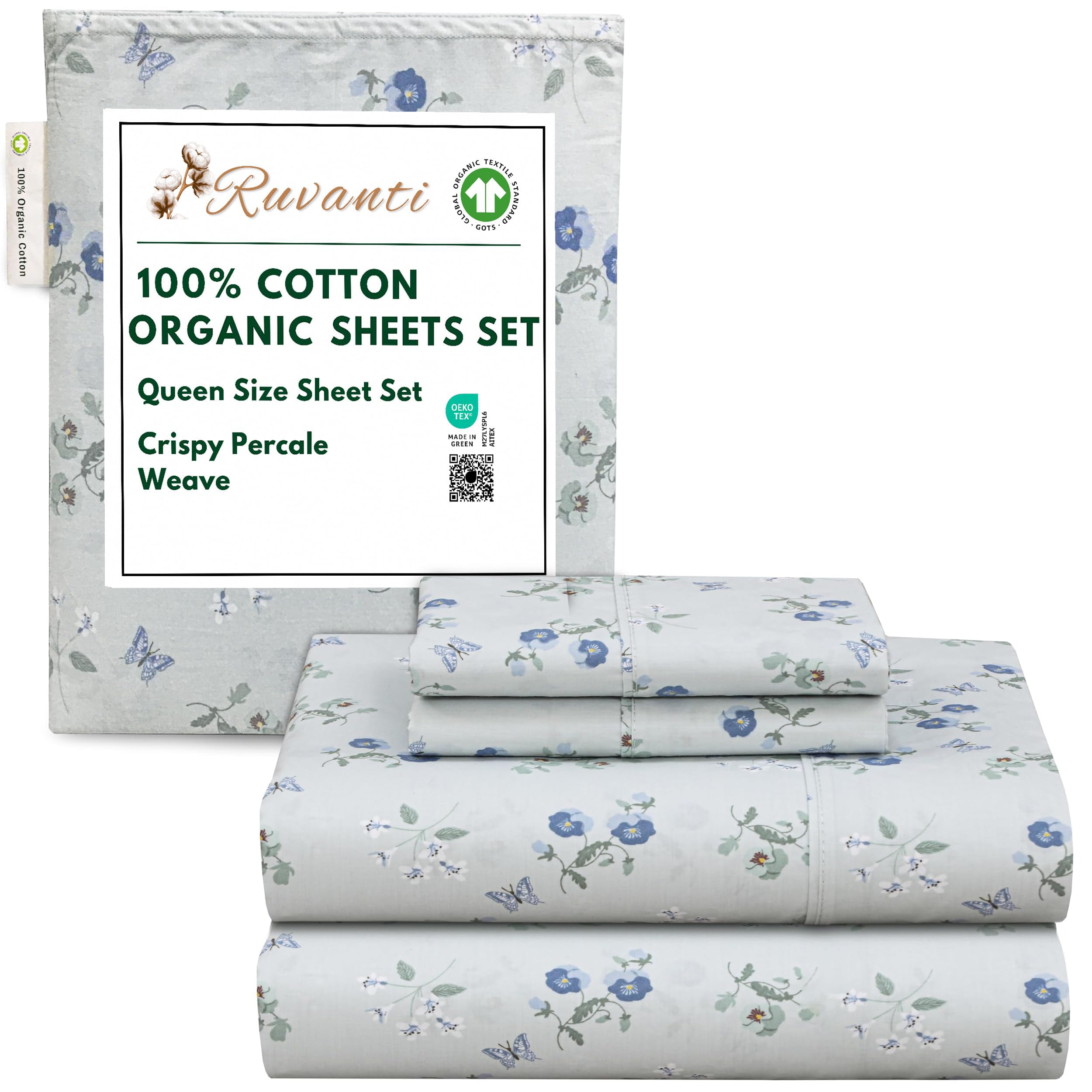 RUVANTI 100% Cotton Organic Percale Sheets Queen Size – Crisp Cooling Bed Sheets for Hot Sleepers, Deep Pocket 15”, Soft Peach Finish, Breathable & Durable Hotel-Style 4 Pcs, Butter Flight — image 1