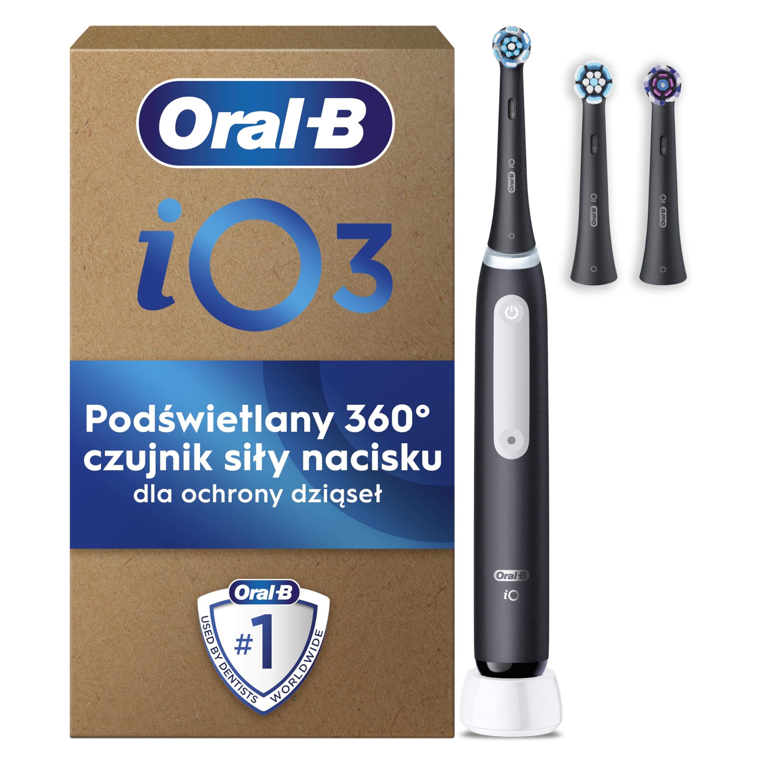 Oral-B iO 3 Black Szczoteczka elektryczna, 3 końcówki do szczoteczek elektrycznych, stworzona w technologii Braun