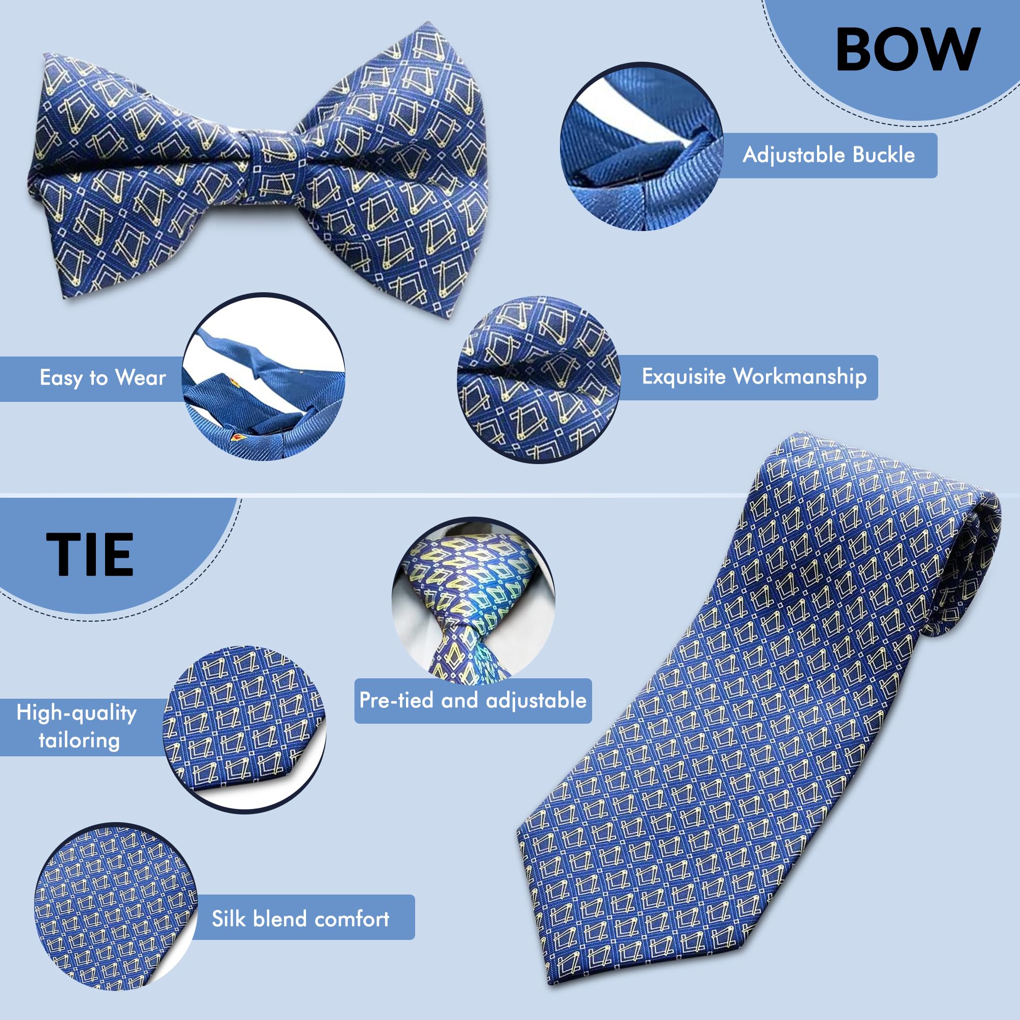 THE MASONIC COLLECTION - Corbata, pajarita y pañuelo 100% seda tejida - Cuadrado y brújula - Regalo masón para hombres