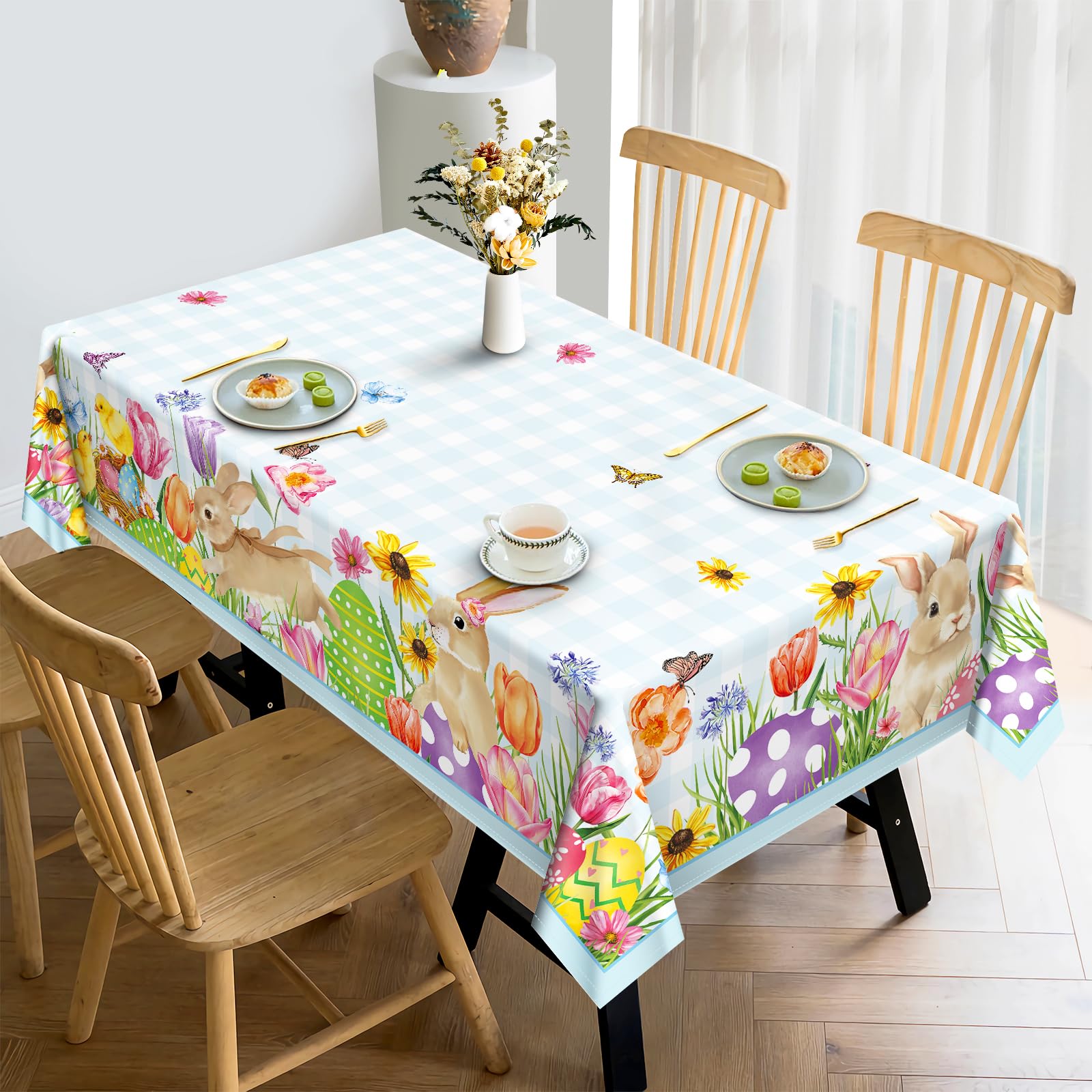 Tovaglia Rettangolare Di Pasqua Coniglietto Primaverile Tovaglie Impermeabile, Copritavolo Stampato Lavabile Tessuto Per Ristorante Primavera Estate Cucina Decorazione (152X304 Cm)