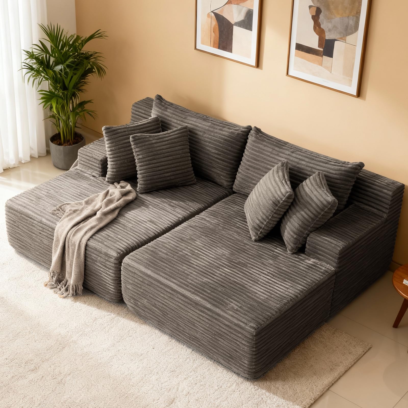 83'' Oversized Double Chaise Lounge, Boneless Lounge Couch Sofa Bed with Deep Seat & 6 Pillows, Modern Corduroy Cloud Plush Loveseat Sleeper Chair for