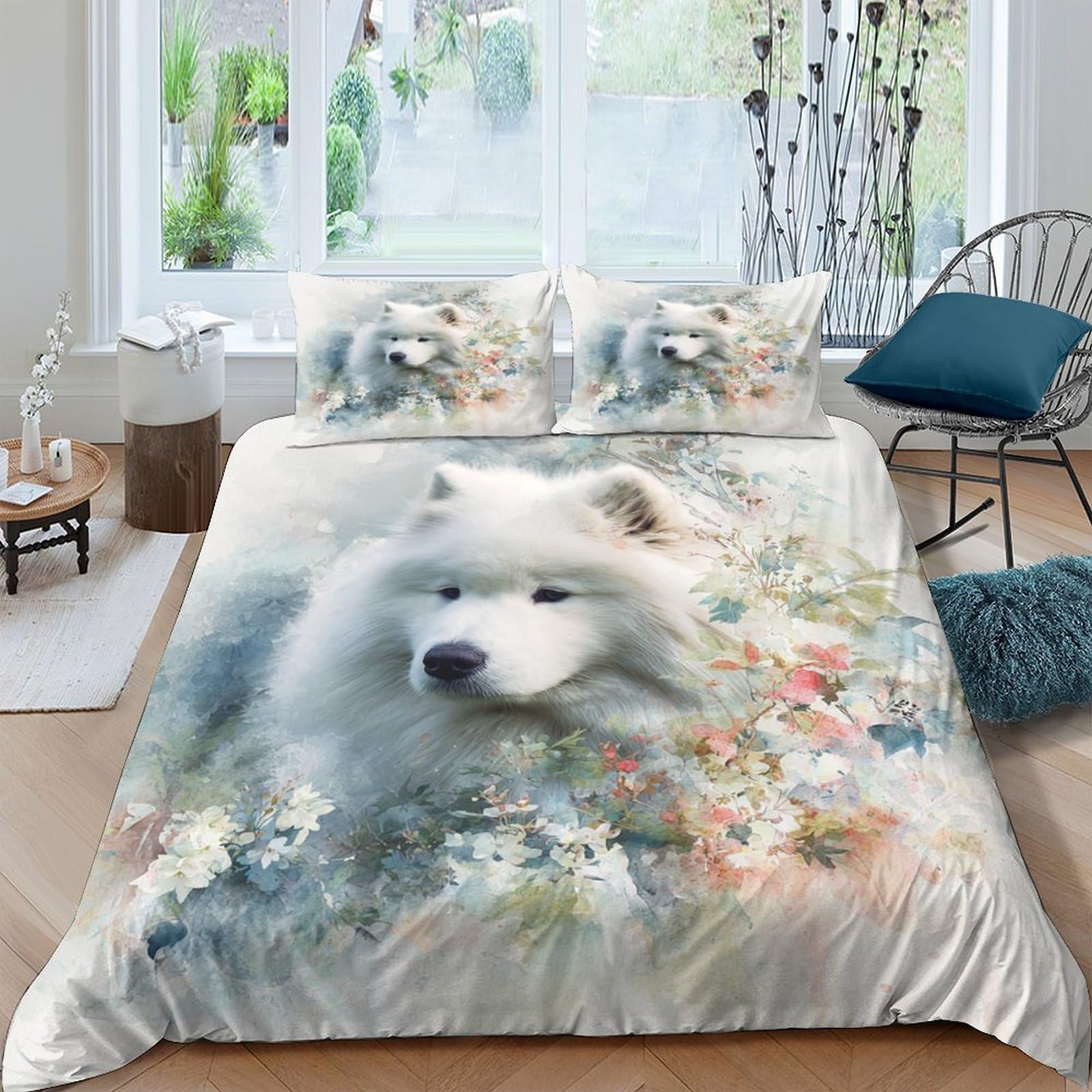 Ctjqhvkz Style-1 3D Printed White Samoyed Dog Fitted Sheet Microfiber Soft Floral Mattress Cover Bedroom Dorm Decor Single（135X200cm）