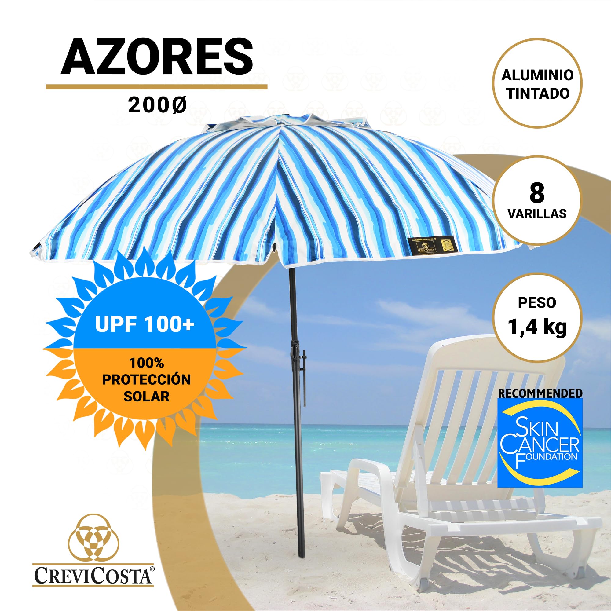 Ombrellone da spiaggia modello 200 cm con spirale e palo di viaggio totale. 8 Aste Protezione totale contro i raggi UV (Azzori), Azzorre (Azores), 200 cm, Moderno