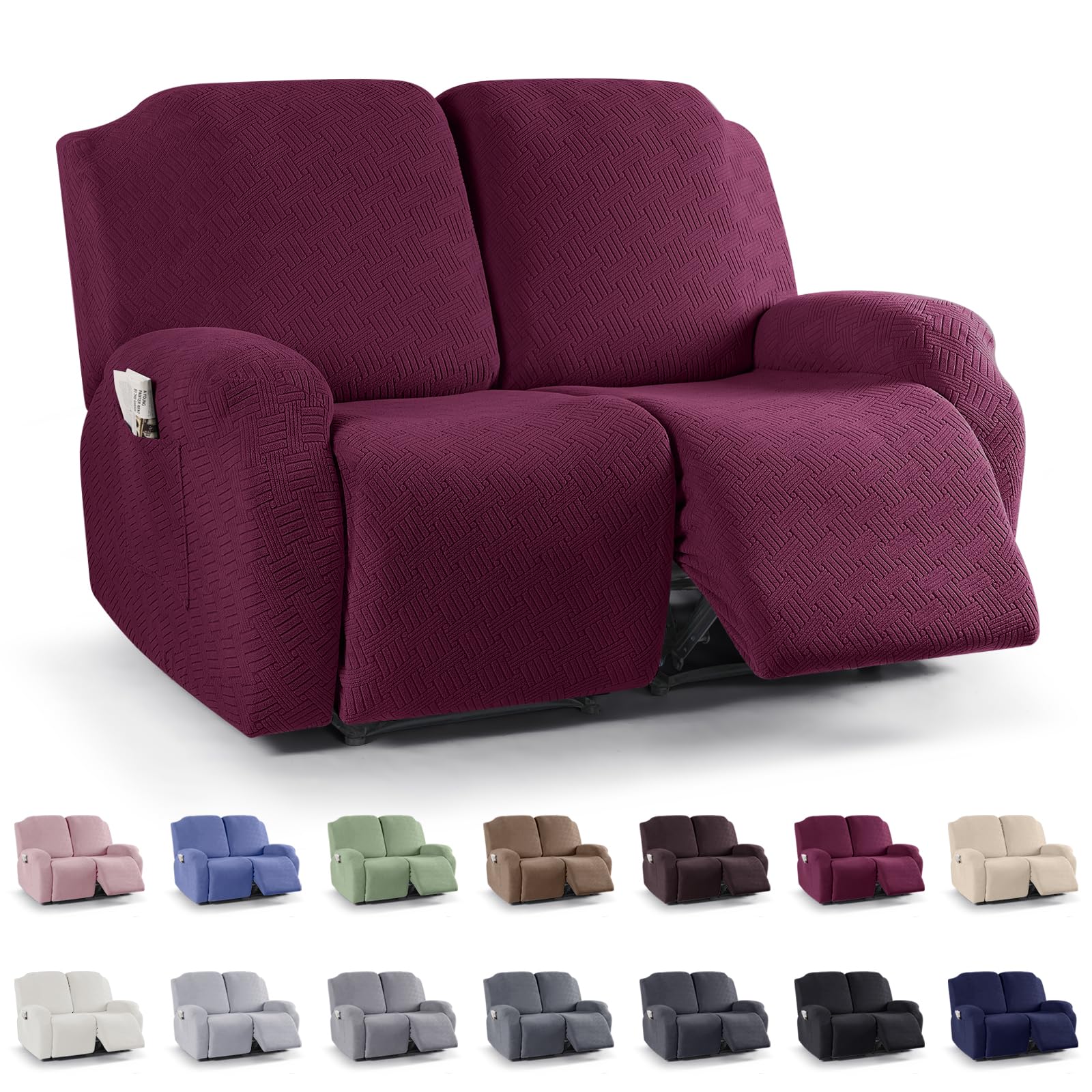 KinCam Recliner Covers, Stretch Reclining Chair Covers, Recliner Sofa Slipcovers Stripe Jacquard Recliner Couch Covers Furniture Protector Covers for Pet Kid (2 Seater, Burgundy)