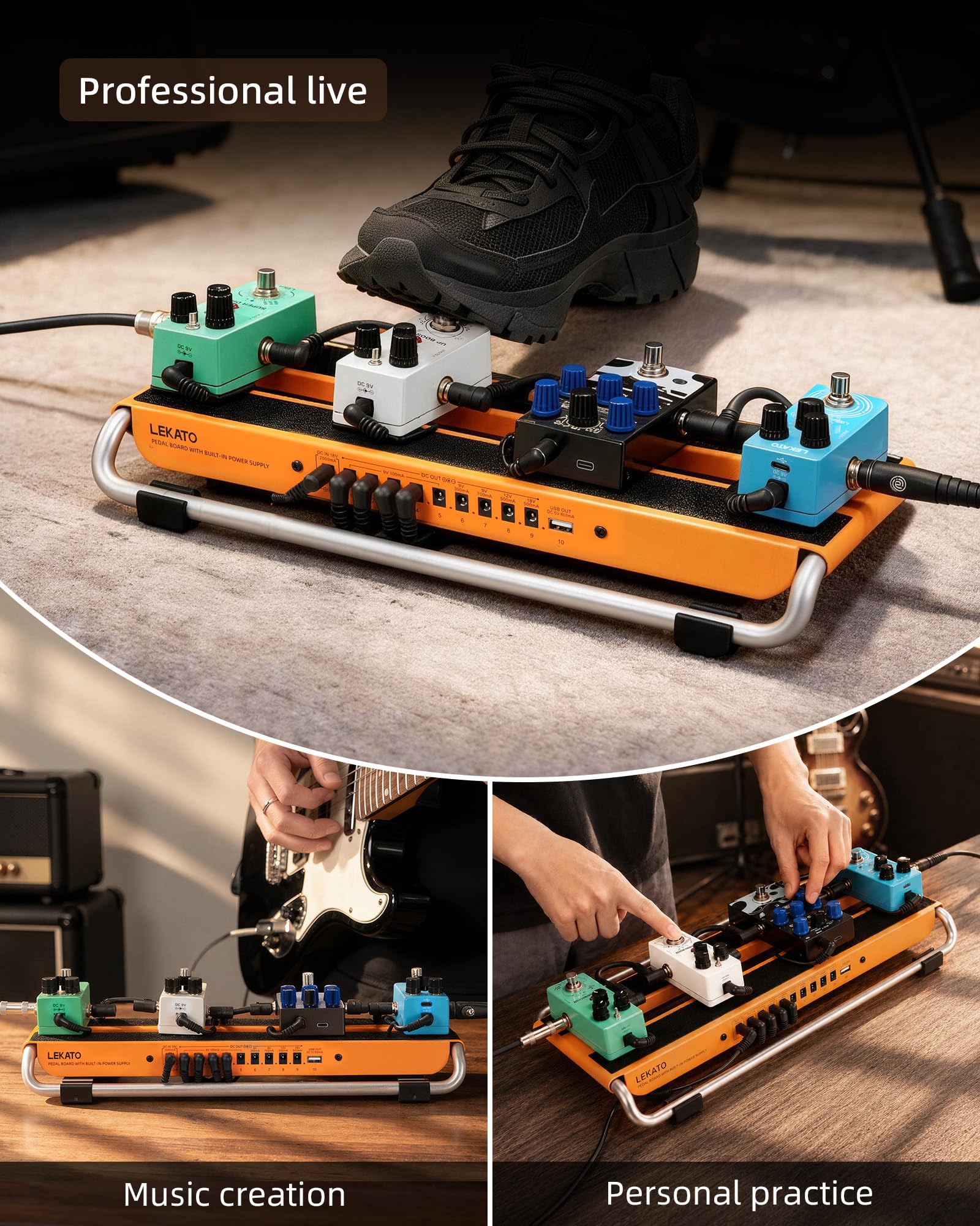 LEKATO Pedalboard Gitarre mit integriertem Netzteil, Aluminiumlegierung Effektboard 45 x 23 x 9cm, Pedalboard Set mit Tasche, Pedalkabeln und Klettstreifen