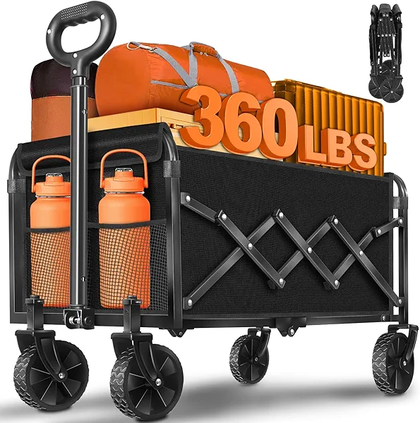 Wagons Carts Foldable,360lbs Collapsible Wagon with Wheels, Lightweight Foldable Wagon Cart with Drink Holders for Camping,Travel,Picnic,Shopping,Sports,Storage,Black