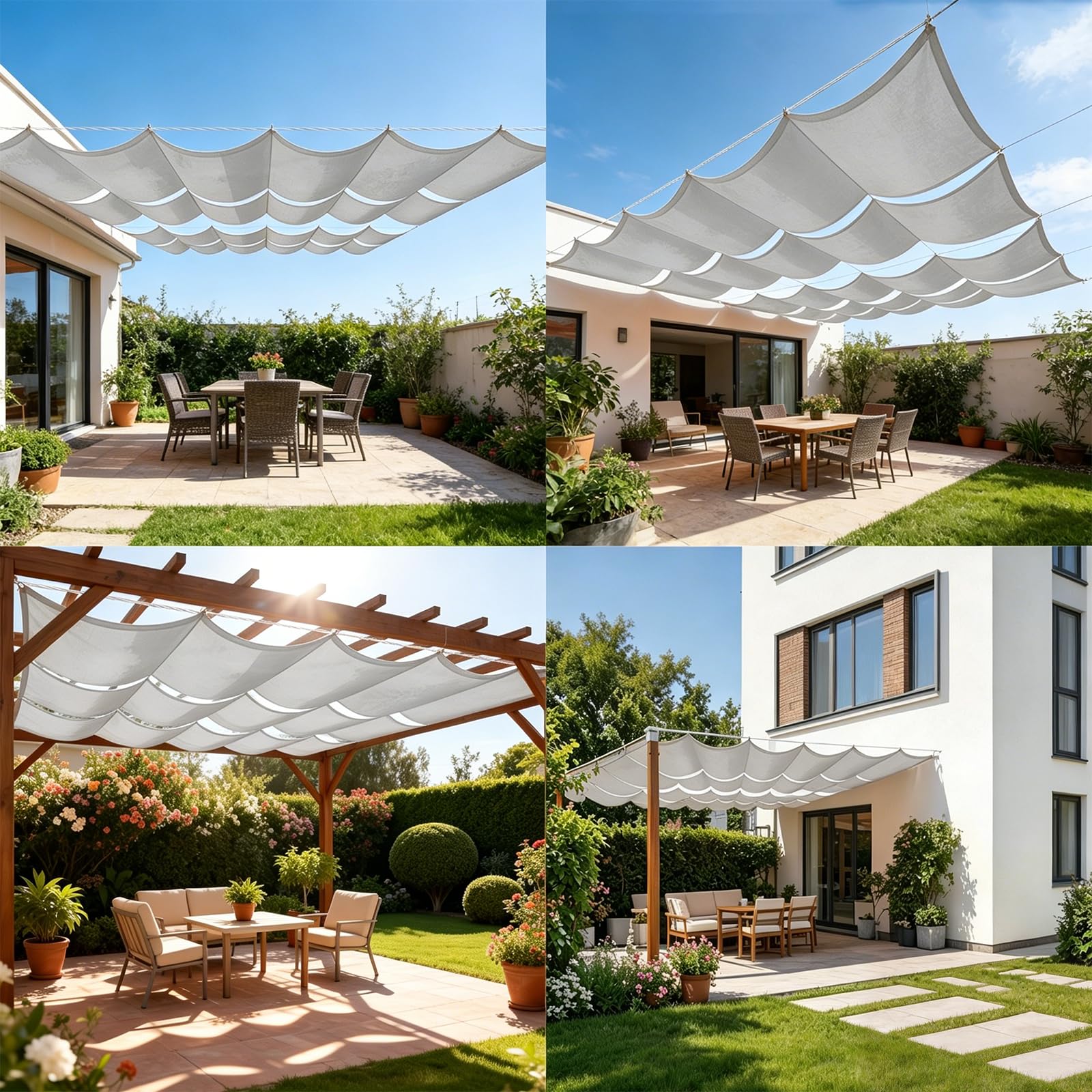 Verstellbar Wellenmarkise 230 x 300 cm Wetterschutz, Windschutz UV Schutz, Sonnenschutz, Wetterbeständig, Sonnenschutz Terrasse mit Seilen für Balkon Terrasse Garten, Hellgrau
