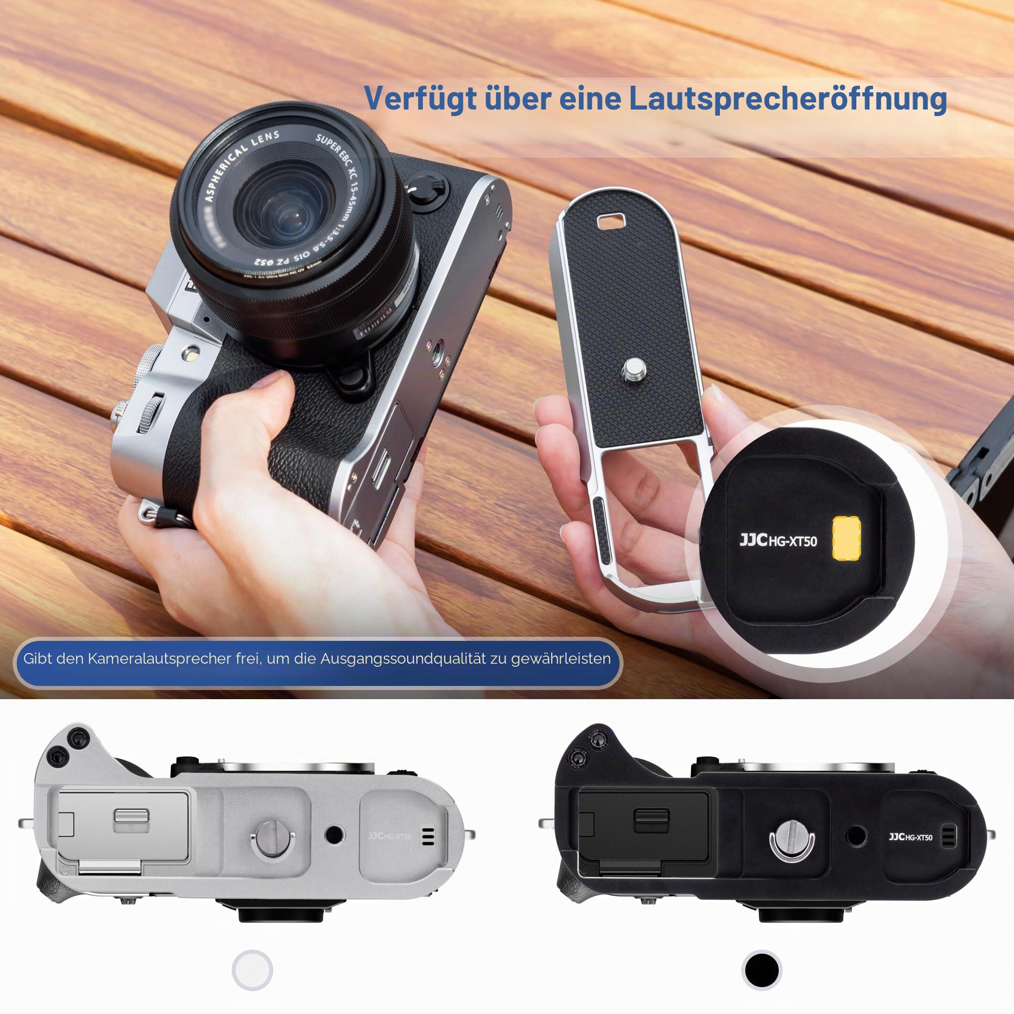 JJC L-Handgriff für Fuji X-T50 Arca-Swiss-Schnellwechselplatte, Schwarz | Hochwertiges Aluminium | Rutschfester Silikongriff | Vollzugriff auf Display | Vollzugriff auf Akku, SD-Karte & Lautsprecher