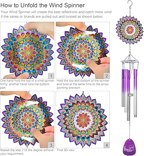 Miniatura 6 de Campanillas de viento para exteriores con mandala, trébol de la suerte, campanillas de viento conmemorativas de 33 pulgadas, decoración colgante