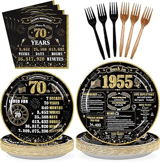 96Pcs 70th Birthday Party Supplies 350 GSM Back in 1955 Birthday Plates and Napkins Back and Gold Vintage 70th Birthday Tableware Sets for Men Women 70 Years Old Party Decorations Favors Serves 24