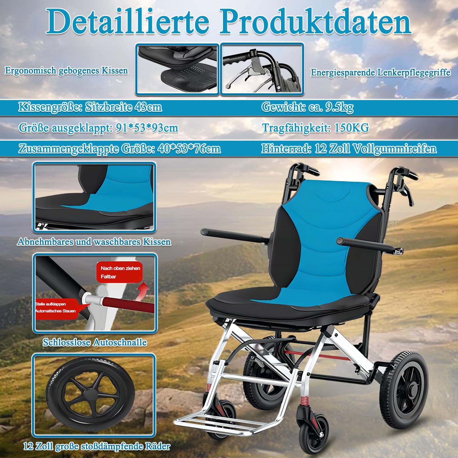 rollstuhl faltbar leicht, Transportrollstühle Faltbar Leicht für Erwachsene, Reise-Rollstuhl, Aluminium, Tragbarer Leichtgewicht Transit rollatoren für senioren, Tragfähigkeit 150KG