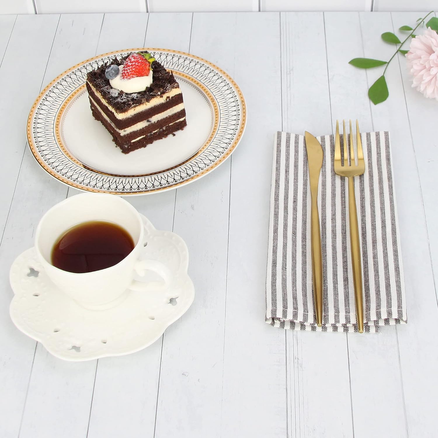 Plain Striped Cotton Linen Blended Dinner Cloth Napkins - Set of 12 (40 x 30 cm) - for Events & Home Use (Brown)