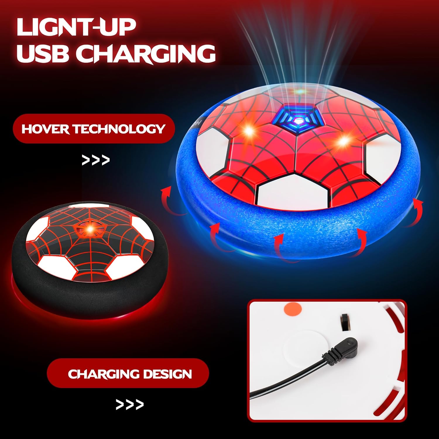 Airplane Launcher Toy & Spider Hover Soccer Ball Set for Kids | 3 Pack Spider Foam Gliders Air Planes, 3-in-1 Rechargeable Toddler Air Floating Football Toy Ball with Led for Boys Birthday