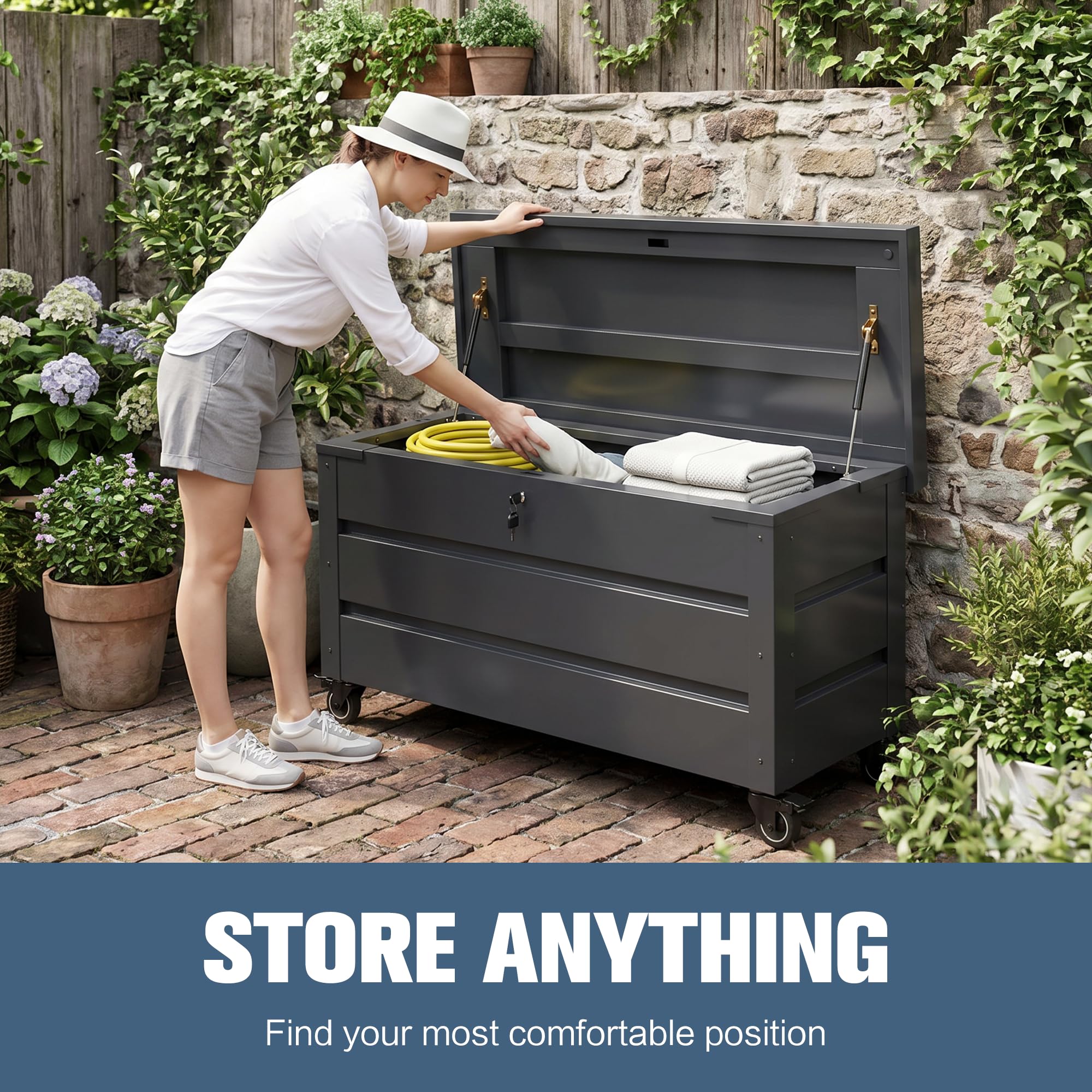 Gartenbox aus Metall mit Rädern und Schlössern 656L | Outdoor Kissenbox für den Garten mit Rostfeste Beschichtung | Outdoor Aufbewahrungsbox/Auflagenbox wasserdicht für Kissen - 158x63x66cm