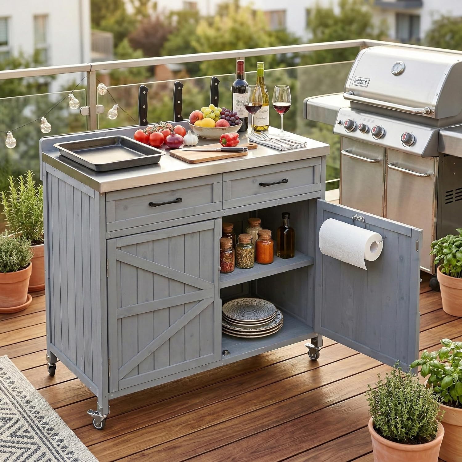 Amposei Outdoor Grill Table Bar Cart with Stainless Steel Top, 39.4’’ Wood Kitchen Island Storage Cabinet BBQ Prep Station on Wheels with Drawer, Adjustable Shelves, Grey Blue