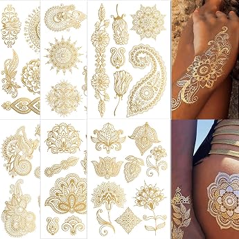 Sugeru 6 Large Sheets Gold Metallic Temporary Tattoos 48 + Designs Festival Accessories Festival Accessories Festival Glitter Face Henna Tattoo Flash Tattoos Stick On Women