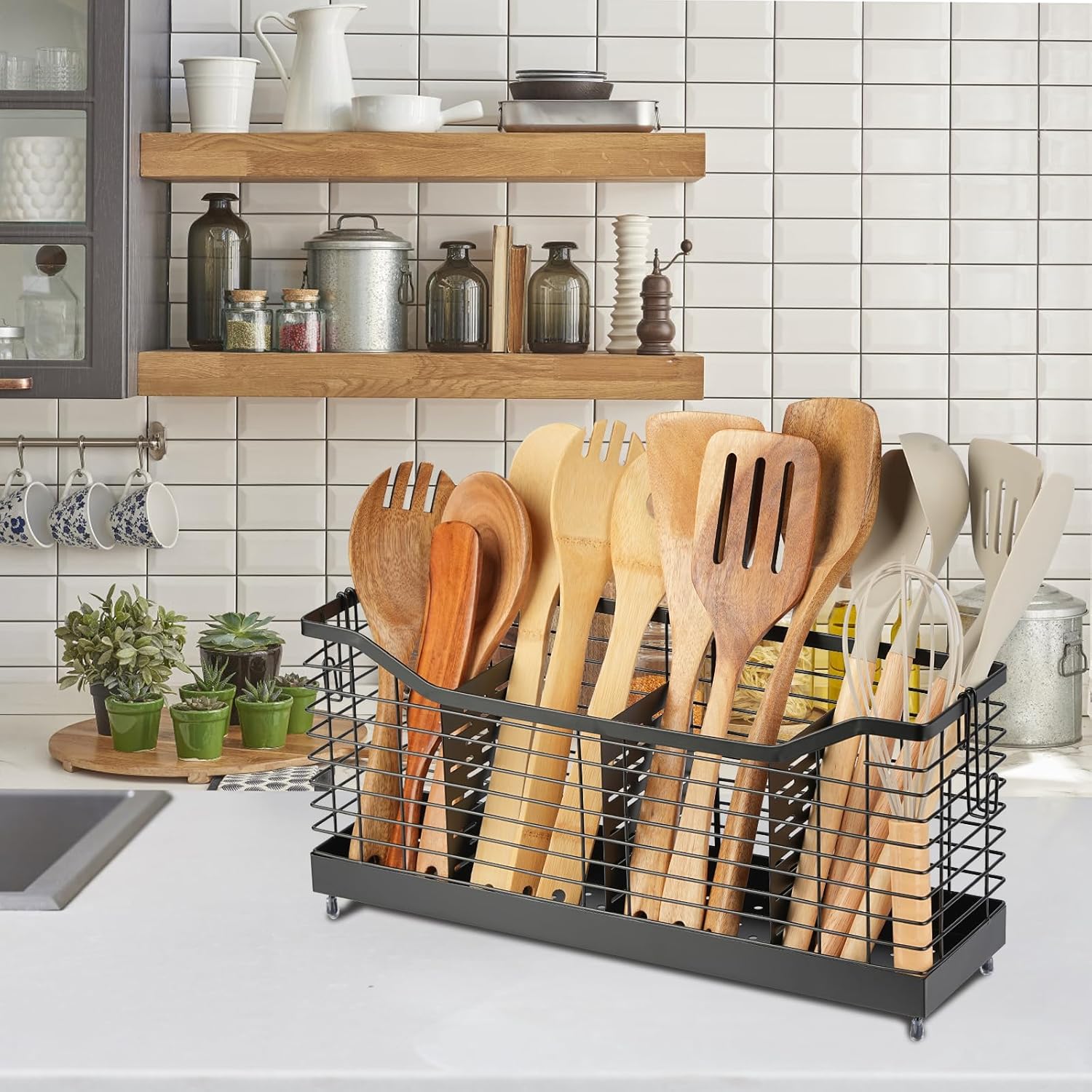 Utensil Holder for Kitchen Counter, Large Stainless Steel Cooking Organizer with 4 Compartments for Kitchen Countertop, Silverware, Forks, Knives, Spoons, Cooking Tools, Cutlery Storage Rack
