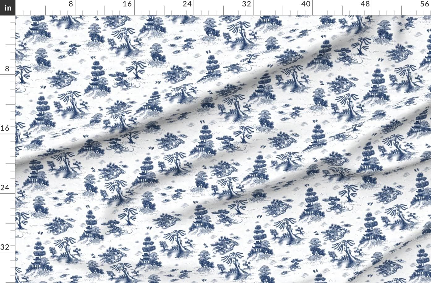 Spoonflower Fabric - Blue, Willow, Toile, Temple, Trees, Bird, Garden, Asian, China, Japan, Printed on Organic Cotton Sateen Fabric by The Yard - Sewing Quilting Apparel Home Decor