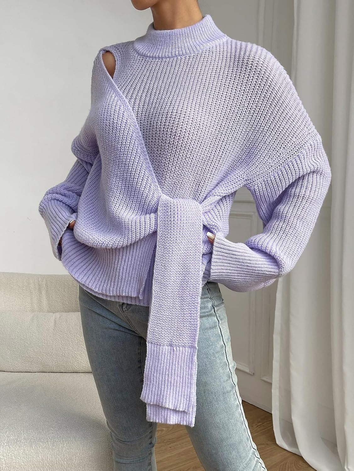 BEDAW Women's Sweater Drop Shoulder Knot Side Sweater Sweater for Women (Color : Lilac Purple, Size : Small)