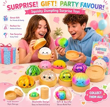 Colorful Squishies Dumplings, Rainbow Dumpling Squishies, Cute Stress Ball with Steamer Box, Soft Squeeze Desk Toy, Washable Fidget Sensory Toy