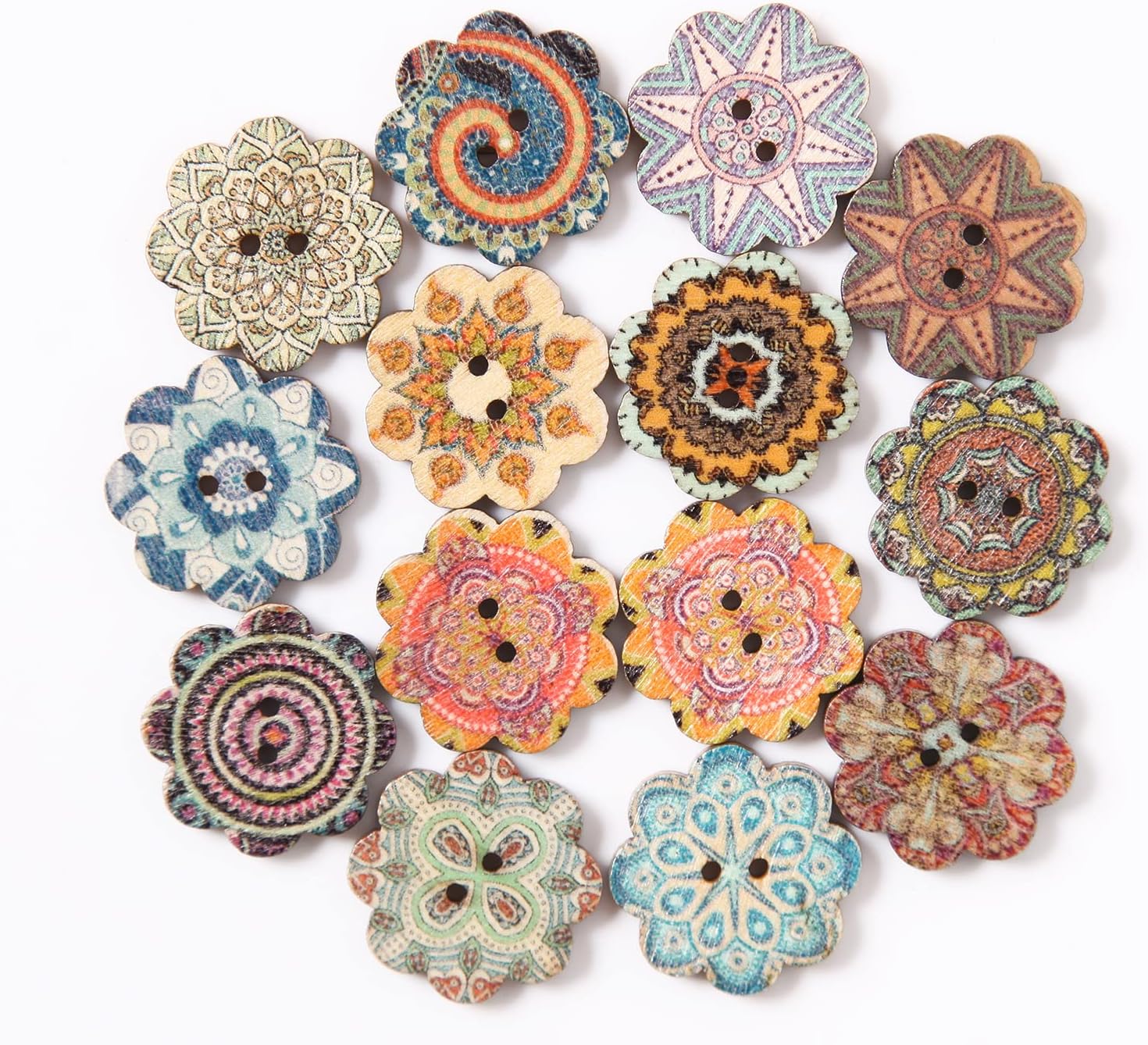 100PCS Mixed Pattern Vintage Wooden Buttons - 3/4inch, 2 Holes, Random Flower Painting, DIY Craft Sewing, Decorative, 20mm