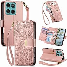 Coque pour Motorola Edge 70 Fusion, Fleur Étui Housse en Cuir PU à Rabat Portefeuille Antichoc avec Porte Carte, Poche Zippée, Chiusura Magnétique, Dragonne et Support Cover Case Femme, Rose