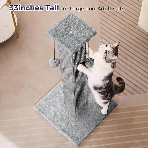 Miniatura 7 de Poste rascador grande para gatos con base resistente, poste rascador cuadrado resistente de sisal de 33 pulgadas y 2 bolas interactivas para colgar