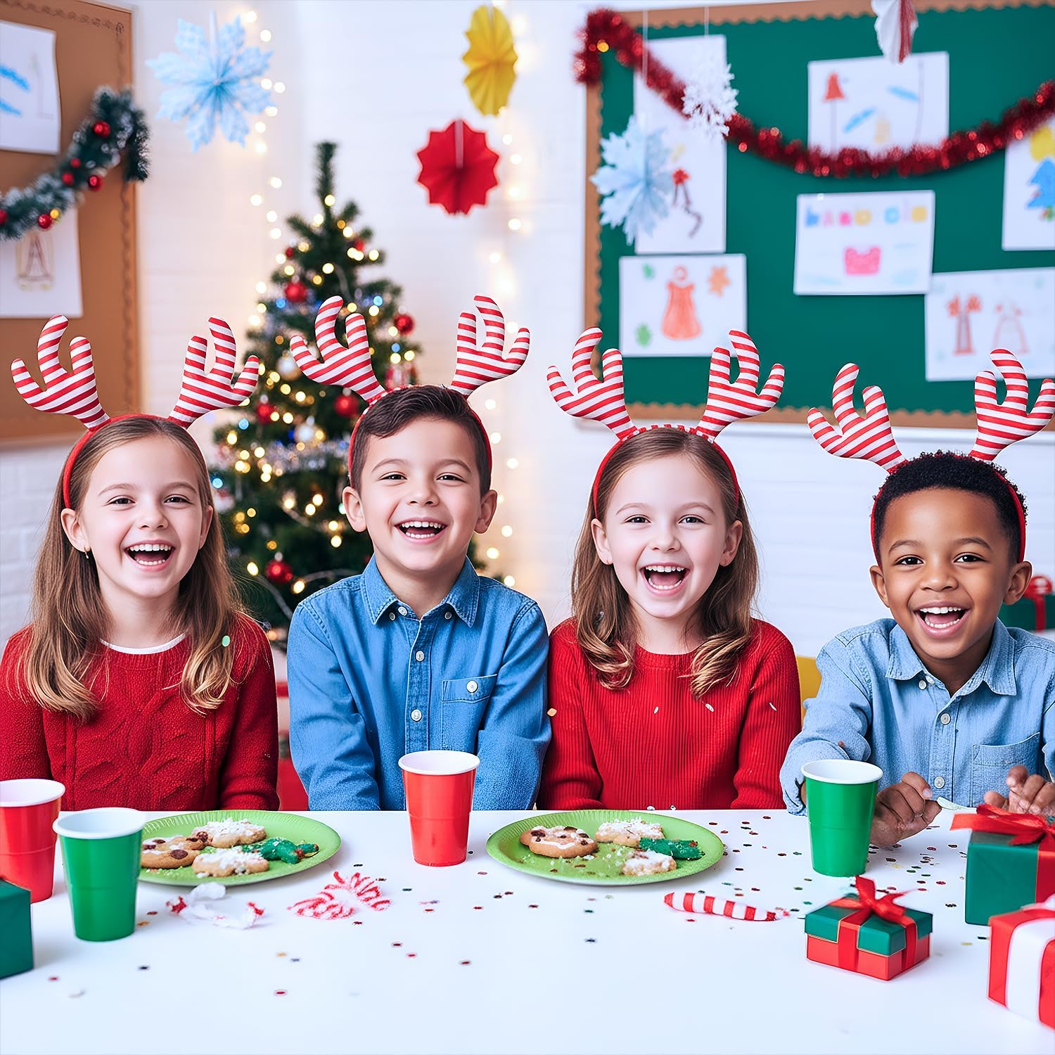 Fun Express 7 3/4" Candy Cane Stripe Stuffed Reindeer Antlers Headbands - 6 Pieces