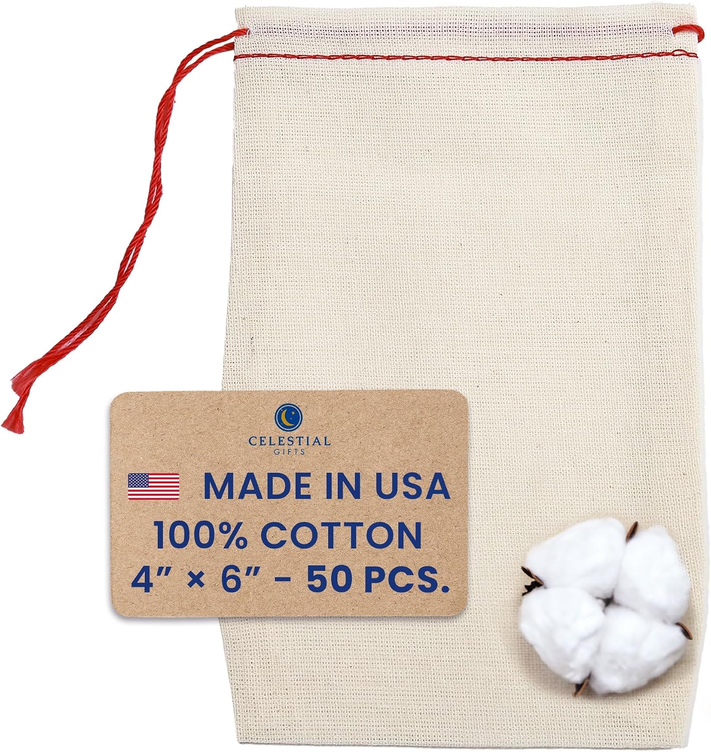 Celestial Gifts Muslin Bags - Drawstring Bags Small 50pcs - 4x6, Reusable Tea, Coffee, Jewelry, Gift, Spice and Sachet Bag - 100% Cotton - Made in USA - (Green Hem & Red Drawstring)