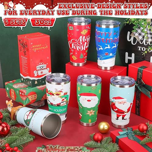 Miniatura 5 de Mifoci 6 vasos de Navidad de acero inoxidable de 30 onzas, taza de café de viaje de Navidad, vaso con doble aislamiento al vacío con tapa, popote
