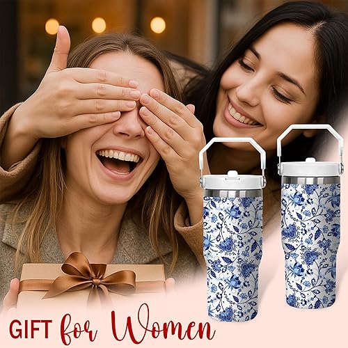 Miniatura 5 de Taza de 30 onzas con diseño floral  Taza de viaje aislada de acero inoxidable azul y blanca  Elegante taza de café con asa y tapa  Regalo para