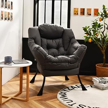 Modern Lazy Chair,Upholstered Lounge Accent Chair, Single Leisure Sofa Chair with Armrests & Side Pocket, Comfy Reading Chair for Bedroom, Living Room, Dorm Room Grey